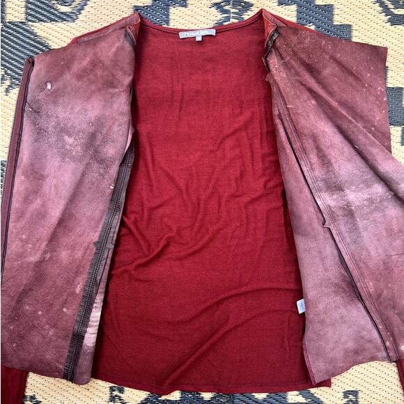 Michael Stars | Vintage Y2K Leather Mixed Media Asymmetric Zip Jacket Burgundy S - Picture 3 of 7